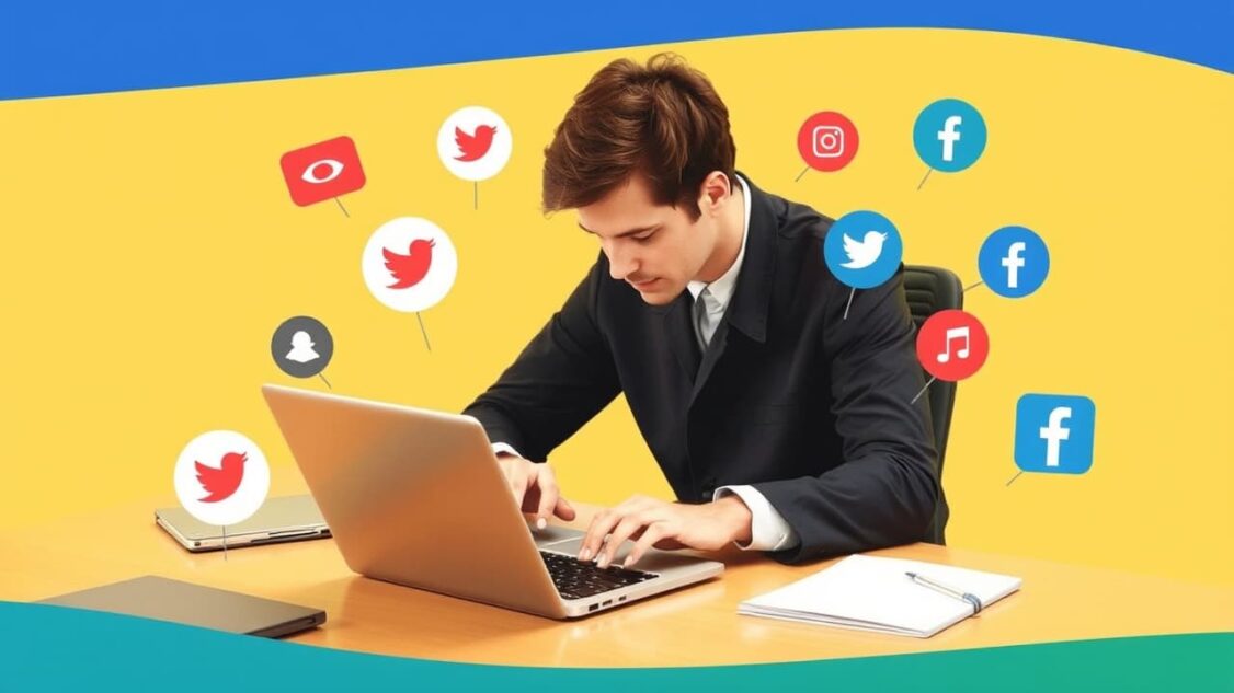 A person is sitting at a desk, typing on a laptop with social media icons around them